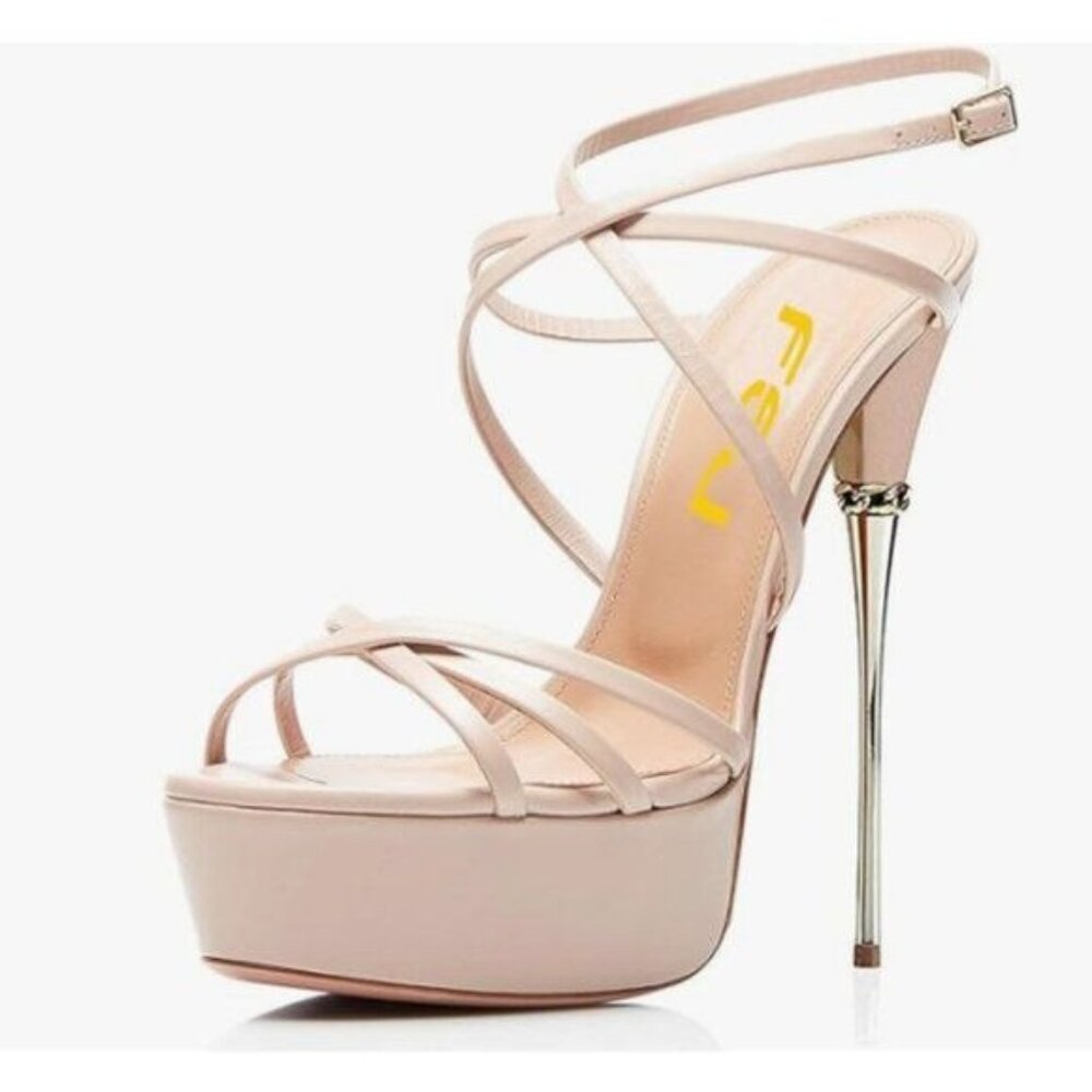 FSJ Nude Sexy Strappy Open Toe Platform Ankle Strap High Metallic Heel Sandals